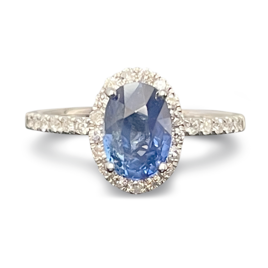 Sapphire Engagement Ring Diamond Halo - 18K White Gold