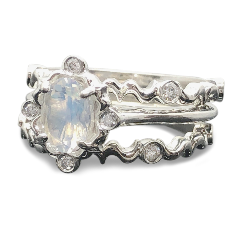 Rainbow Moonstone Ring & Double Bridal Band Set - 14K Oval Cut