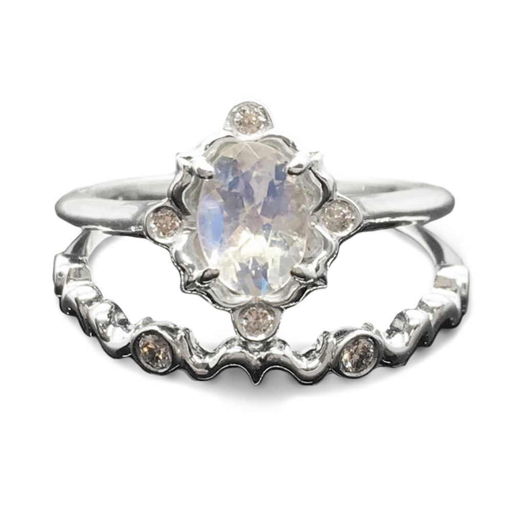 Rainbow Moonstone Ring & Bridal Band Set - 14K Oval Cut