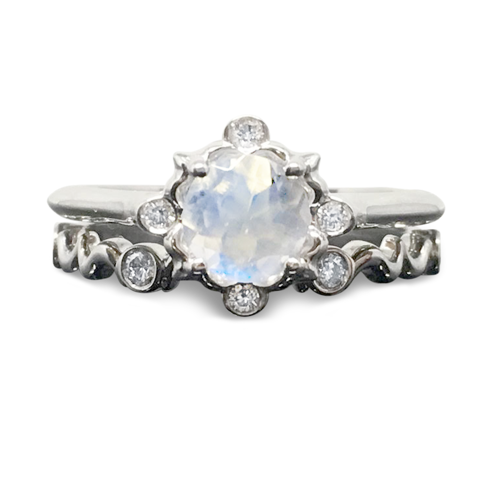 Moonstone Ring & Bridal Band Set - 14K Round Cut