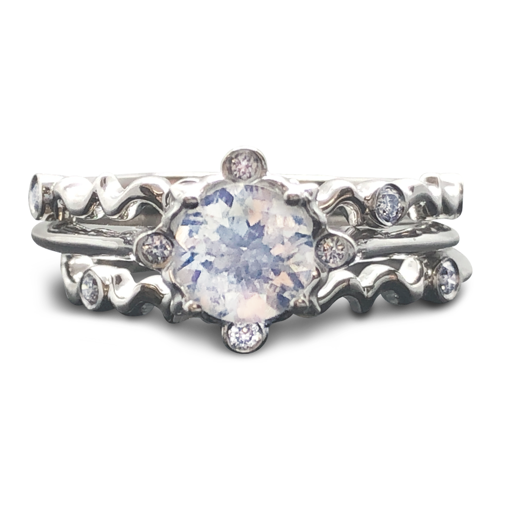 Rainbow Moonstone Ring & Double Bridal Band Set - 14K Round Cut