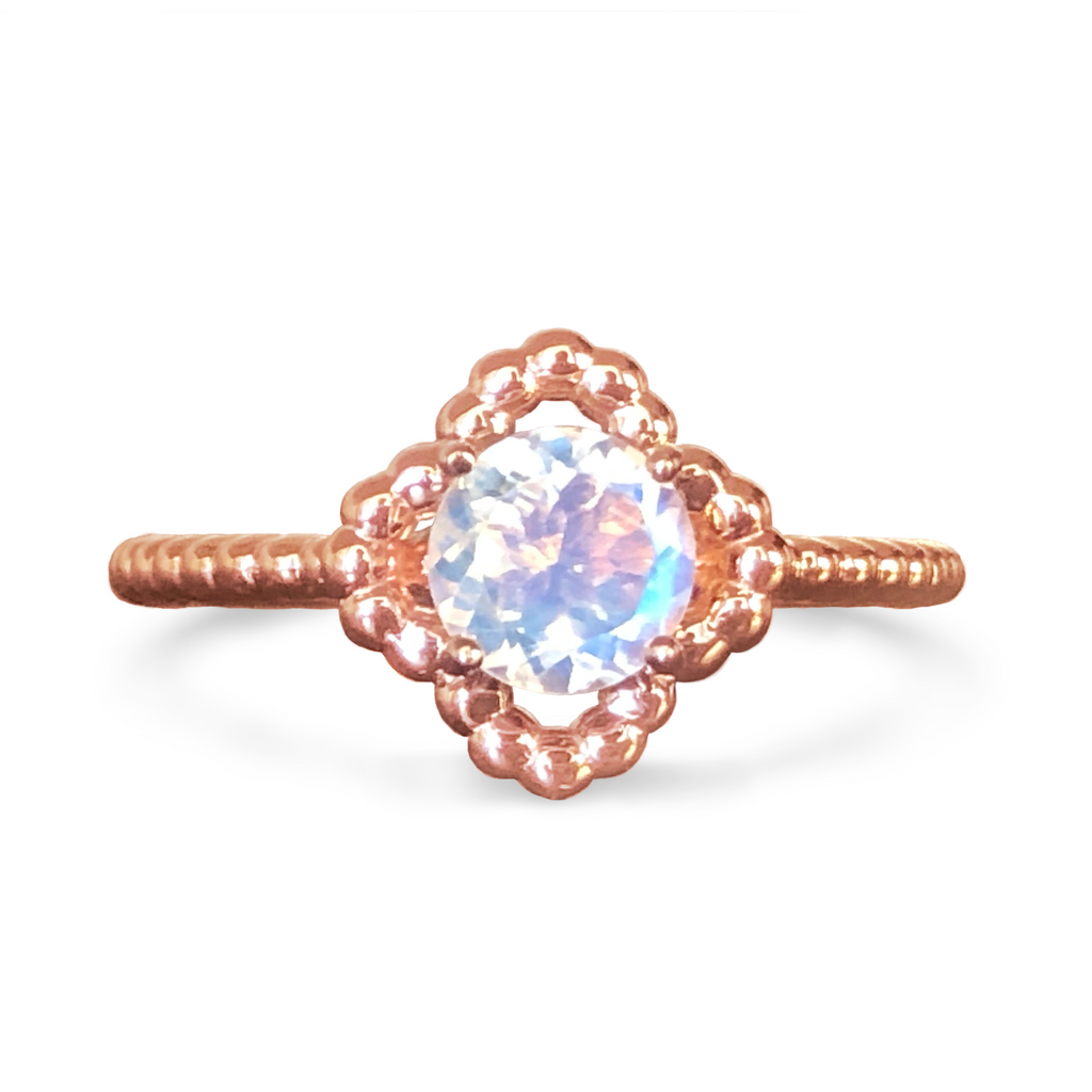 Beaded Clover Halo Round Moonstone Ring - 14K