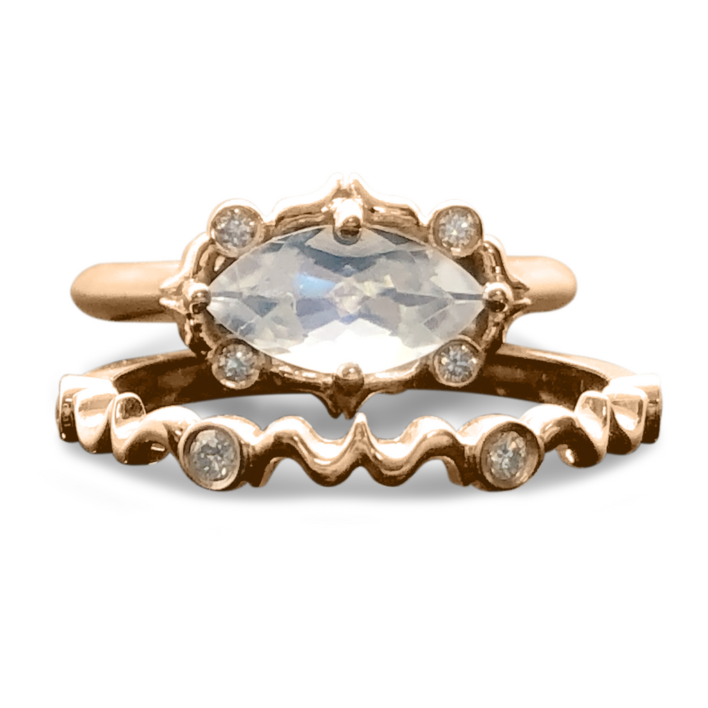 Marquise Moonstone Ring & Bridal Band Set - 14K East West