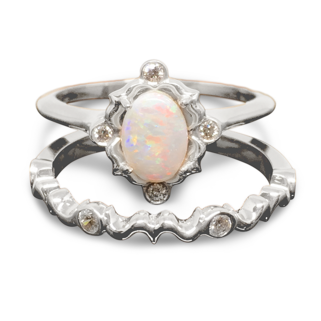 Opal Diamond Engagement Ring & Bridal Band Set - 14K