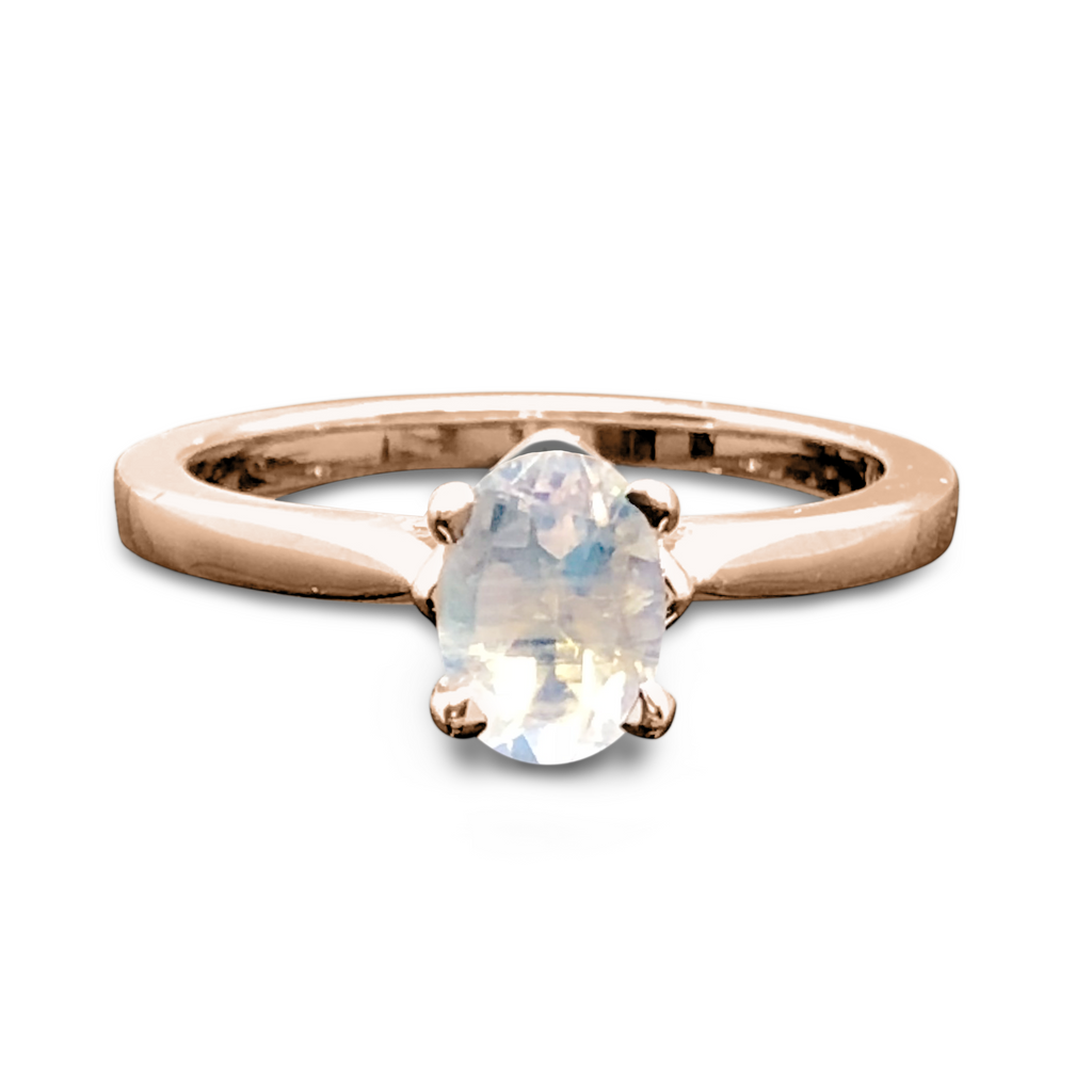 Moonstone Solitaire Ring - 14K Oval Cut 4 Prong