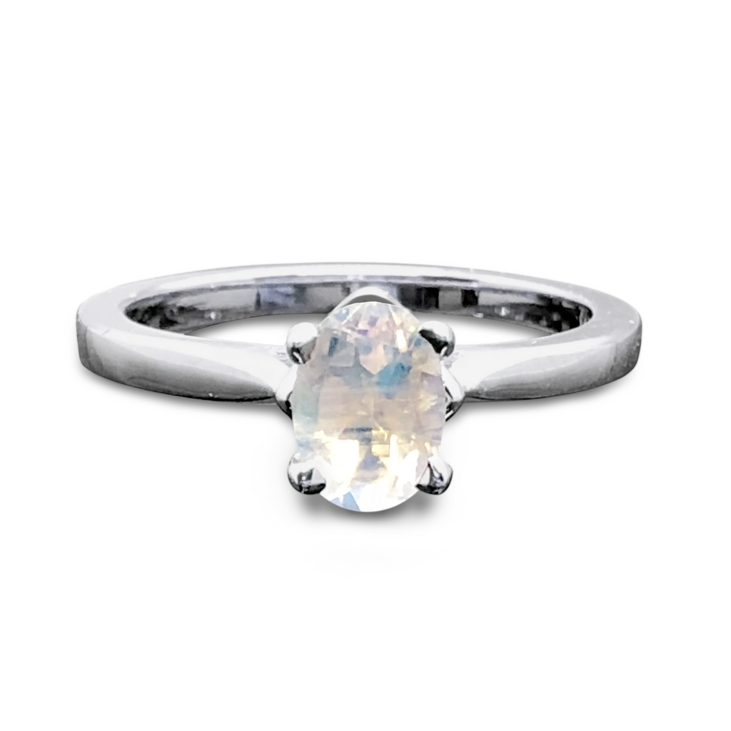 Moonstone Solitaire Ring - 14K Oval Cut 4 Prong
