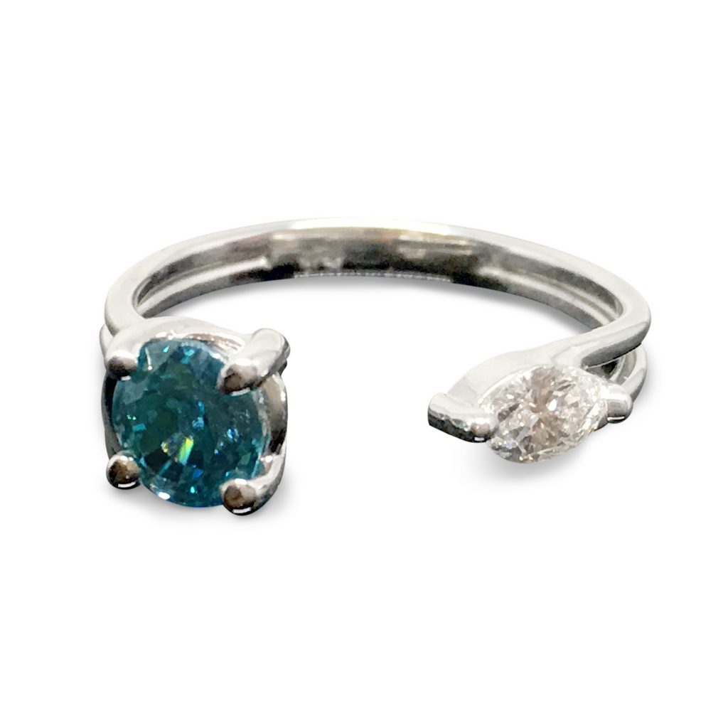 Blue Zircon and Marquise Diamond Open Ring - 14K