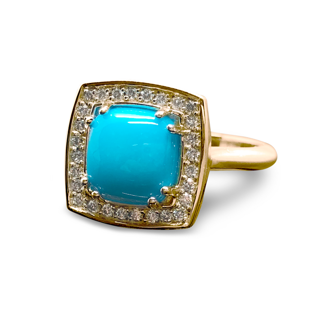 Turquoise Cushion Cut Diamond Halo Ring -14K