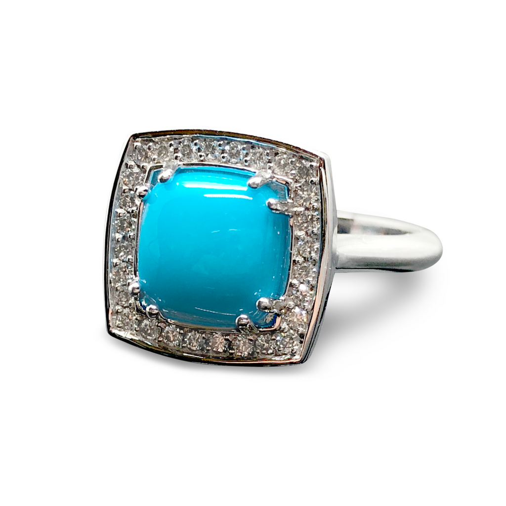 Turquoise Cushion Cut Diamond Halo Ring -14K