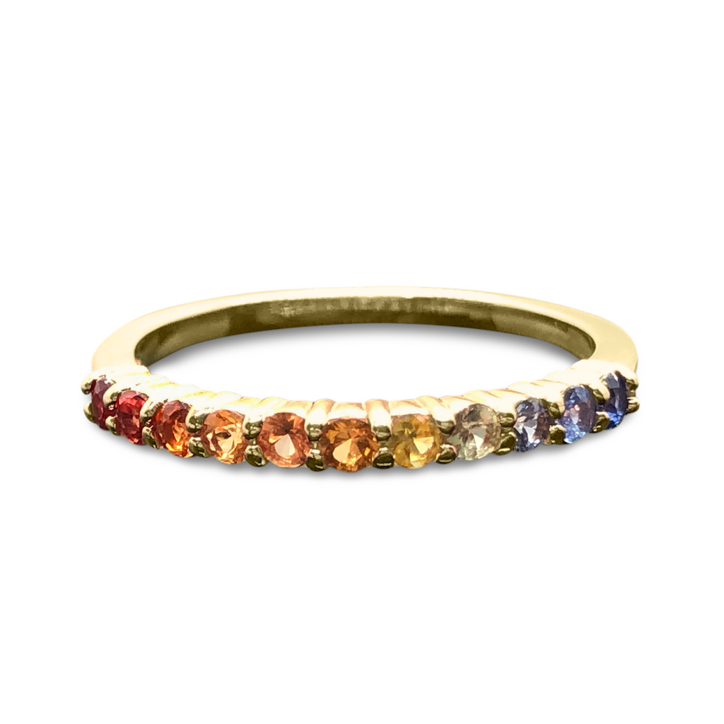 Rainbow Sapphire Wedding Band - 14K Multicolored 11 Stone 2mm Ring