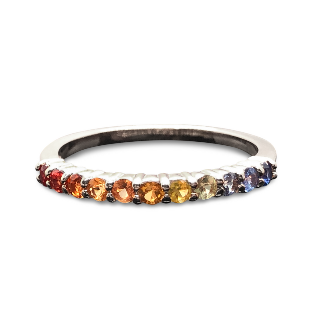 Rainbow Sapphire Wedding Band - 14K Multicolored 11 Stone 2mm Ring