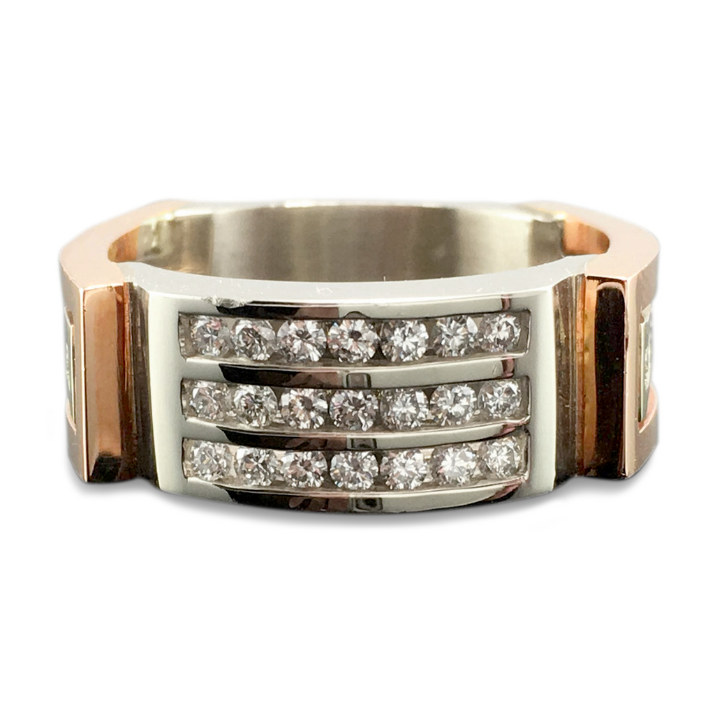 Two Tone Men's Diamond Band Industrial Style - 14K White & Rose Gold