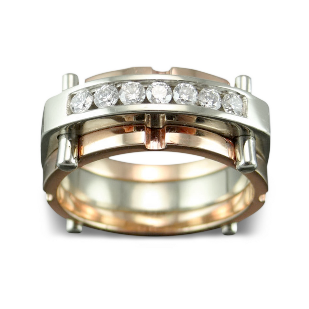 Two Tone Channel Set Round Brilliant Diamond Band - 14K White & Rose Gold