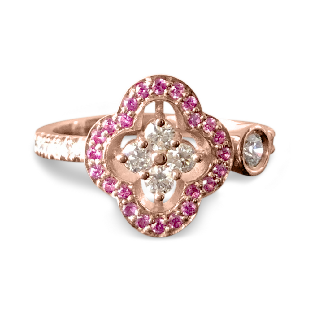 Diamond & Pink Sapphire Clover Ring - 14K