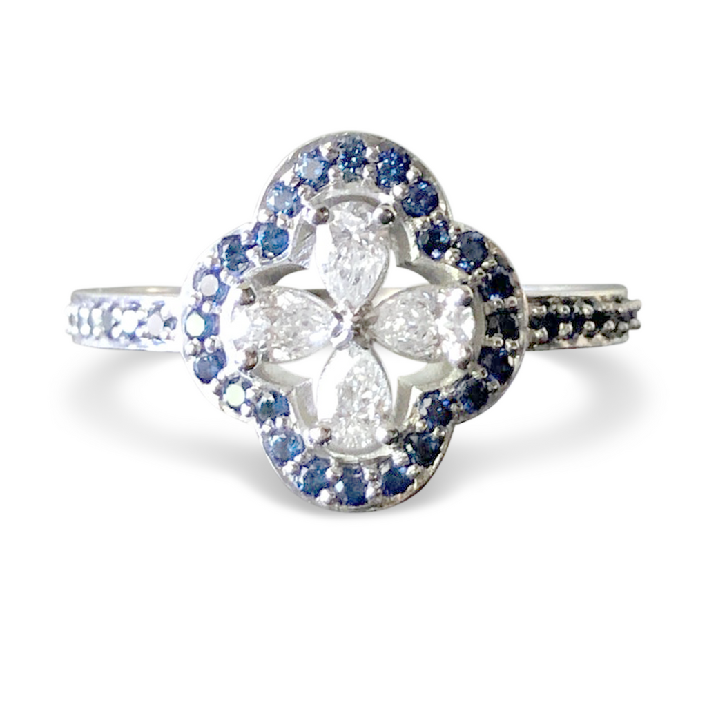 Diamond & Blue Sapphire Clover Ring - 14K