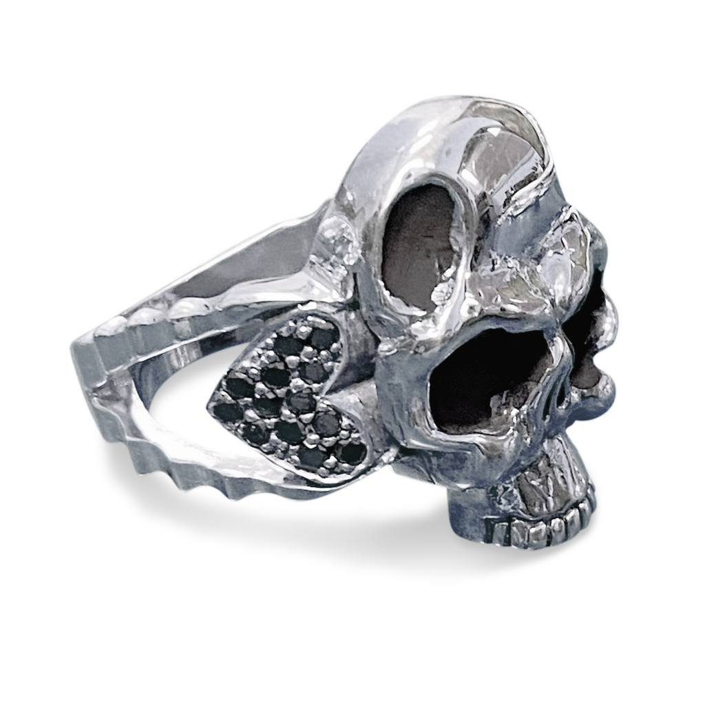 Black & White Diamond Heart Skull Ring - Sterling Silver