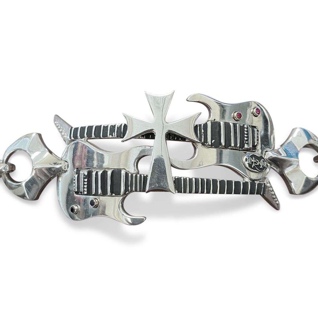 Double Guitar Cross Mens Bracelet - Sterling Silver