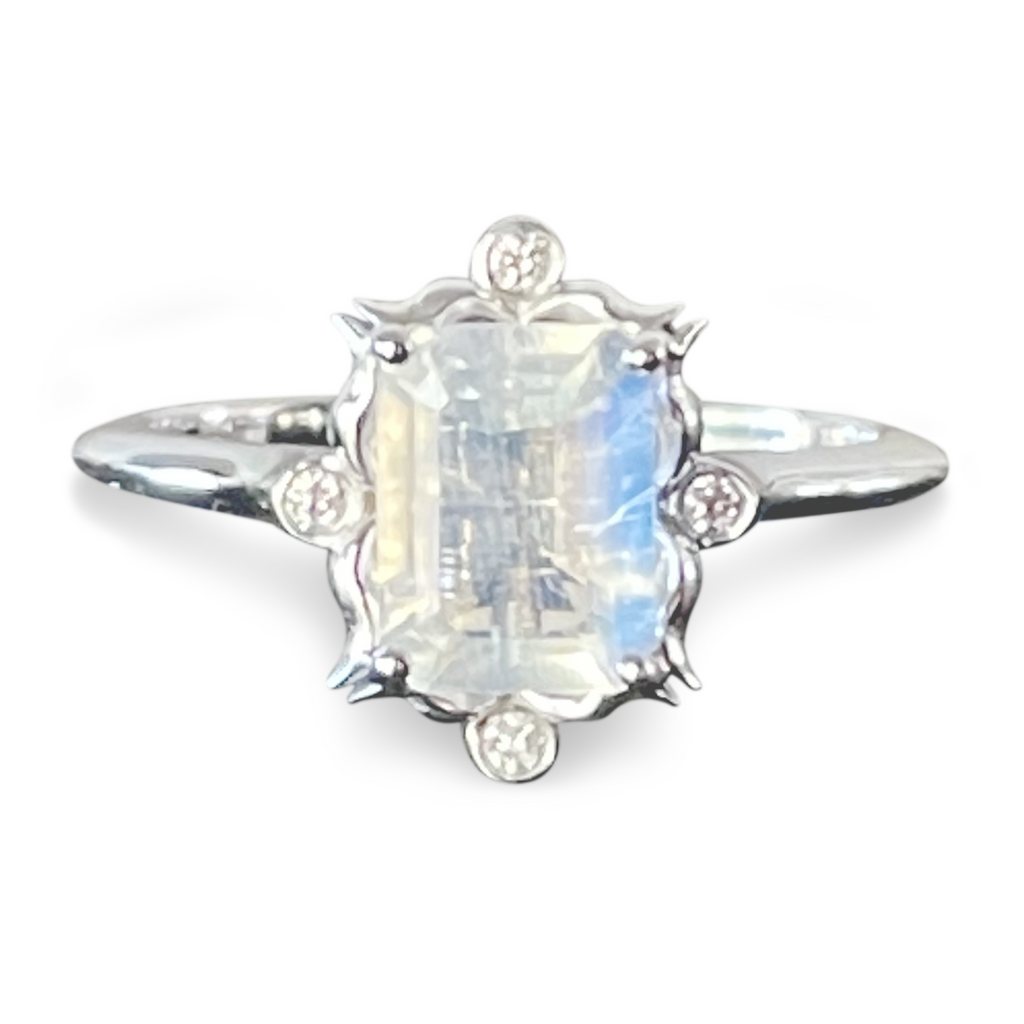 Moonstone Engagement Ring - 14K Emerald Cut